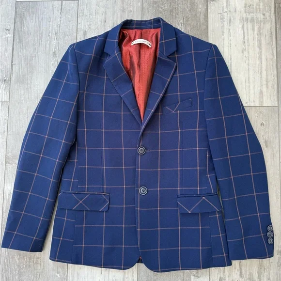YuanLu Boys Navy Windowpane Plaid Suit Set Jacket Pants Size 12 Formal - Picture 2 of 14